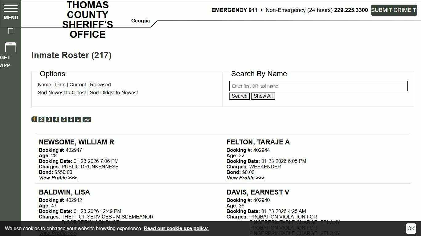 Inmate Roster Thomas County Sheriff's Office Sort Booking Time - Descending Page 1